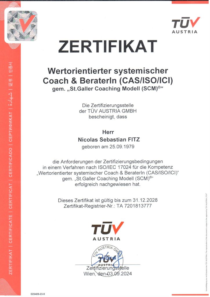 Nicolas Fitz – der AuthentizitätsCoach. Kompetenz und Qualität durch ISO-Zertifizierung, FH-Abschluss in Krisenintervention, Bachelor in psychosozialer Beratung sowie Lebens- und Sozialberatung. Gründer von ValueCoaching – Begleitung von Menschen und Unternehmen mit Werte-Coaching, authentischem Business-Coaching und Burnout-Coaching, immer mit Fokus auf Werte und gelebte Authentizität.