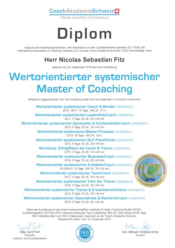 Nicolas Fitz – der AuthentizitätsCoach. Kompetenz und Qualität durch ISO-Zertifizierung, FH-Abschluss in Krisenintervention, Bachelor in psychosozialer Beratung sowie Lebens- und Sozialberatung. Gründer von ValueCoaching – Begleitung von Menschen und Unternehmen mit Werte-Coaching, authentischem Business-Coaching und Burnout-Coaching, immer mit Fokus auf Werte und gelebte Authentizität.